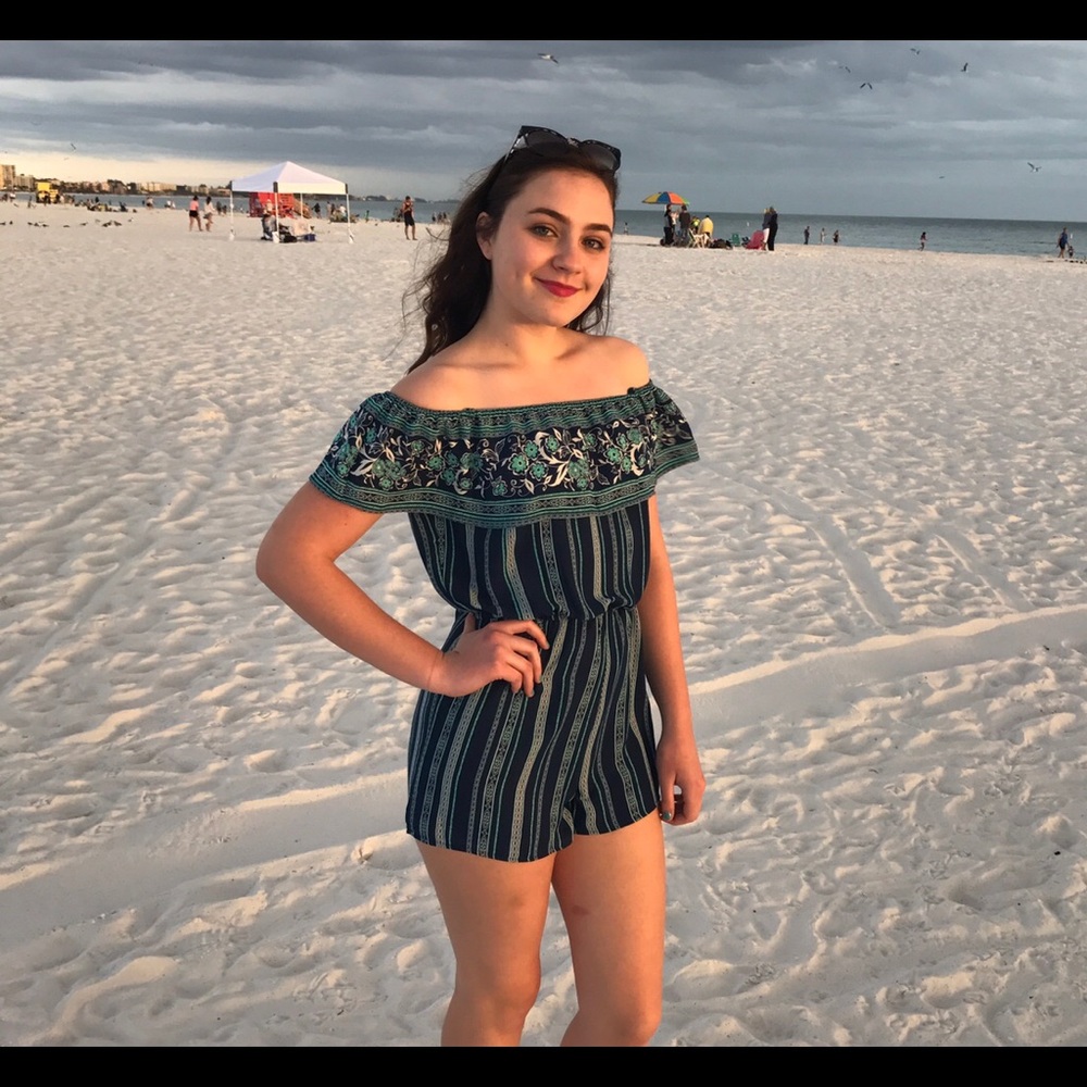 Blue floral and striped romper